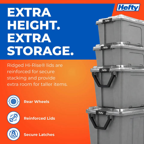 Kick Butt Heavy Duty 50 Gallon Storage Bins with Crystal Clear Lids Nesting Stackable Plastic Totes Hold tools and clutter, stacked grey bins.