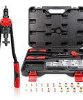 Rivet Nut Tool Kit With 11 Mandrels And 110 Rivet Nuts, red grip handles, storage case with accessories, M3 to M12 sizes.