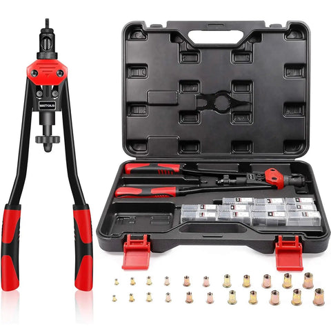 Rivet Nut Tool Kit With 11 Mandrels And 110 Rivet Nuts, red grip handles, storage case with accessories, M3 to M12 sizes.