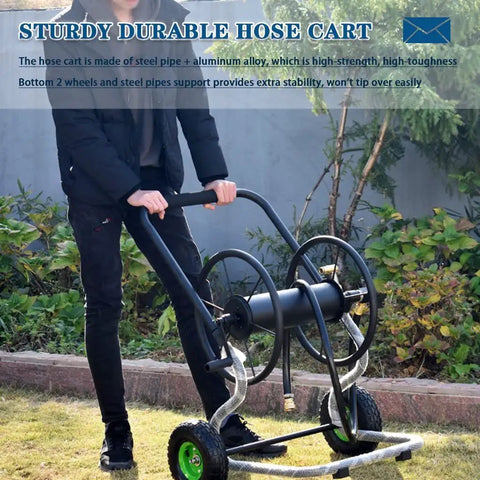 Heavy Duty Garden Hose Reel Cart With Smooth Rolling Wheels in an outdoor setting, sturdy design with ergonomic handle.