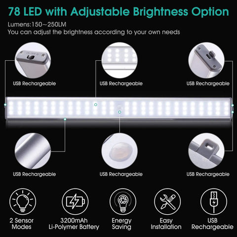 78 LED Closet Lights 16 Inch Under Cabinet Motion Activated USB Rechargeable Night Light features and details.