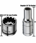 Low-profile and regular 1/4" drive sockets from 2-In-1 1/4 Inch Drive Quick Release Ratchet Set With 72-Tooth Ratchet, SAE And Metric Sockets