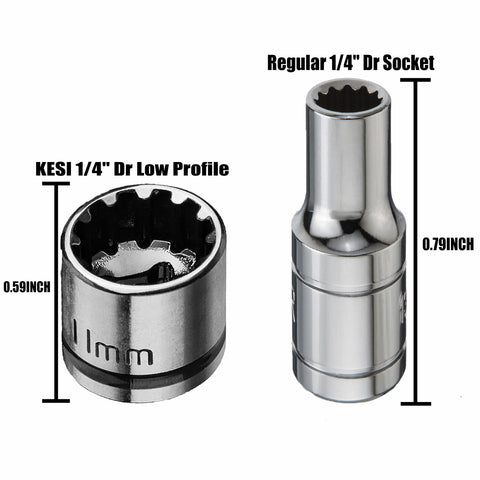 Low-profile and regular 1/4" drive sockets from 2-In-1 1/4 Inch Drive Quick Release Ratchet Set With 72-Tooth Ratchet, SAE And Metric Sockets