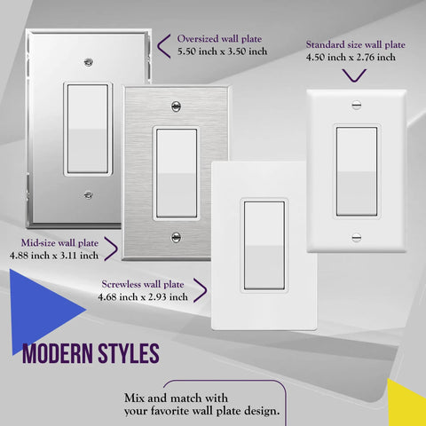 Decorator Paddle Light Switch With Wall Plates Single Pole 3 Wire Grounding Screw Residential Grade 15A 120V 277V UL Listed