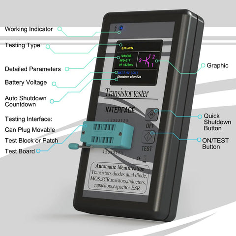 Close-up of Multifunction Transistor Tester LCR Meter with MOSFET Diode Capacitor Resistor Inductor ESR Meter Auto Checker.