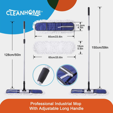 Heavy Duty 24 Inch Commercial Dust Mop With 59 Inch Extendable Handle For Hardwood And Marble Floors, Pro Grade Wet Or Dry Floor Cleaning For Home, Office, Gym, Garage And Hospital Use shown with blue mop head and handle.
