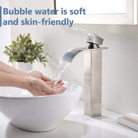 Wide Waterfall Spout Vessel Sink Faucet In Brushed Nickel Tall Above Counter Single Handle Vanity Lavatory Faucet in use