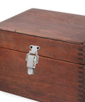 Stainless Steel Toggle Latch Set With Dual Springs on wooden box, keyless lock for cabinets, boxes, and wooden cases.