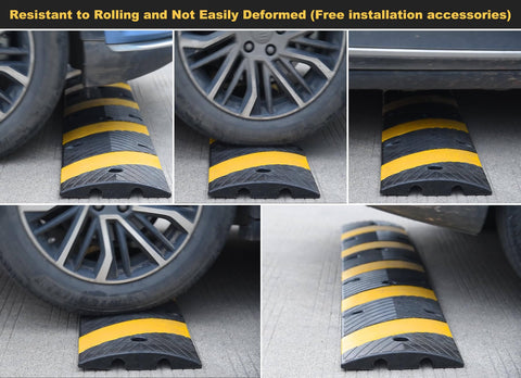 Heavy Duty Rubber Speed Bump 6 Foot Ramp With Integrated Cable Cover under car wheels, showing shock absorption and durability