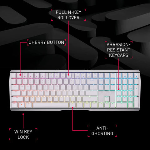 Slick Wireless Mechanical Gaming Keyboard Triple Mode Bluetooth And 2.4GHz Connectivity showing features like CHERRY buttons and RGB backlight.