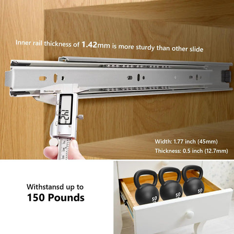 22 Inch Soft Close Drawer Slides With Ball Bearing Full Extension For Cabinets showing dimensions and 150lb capacity test