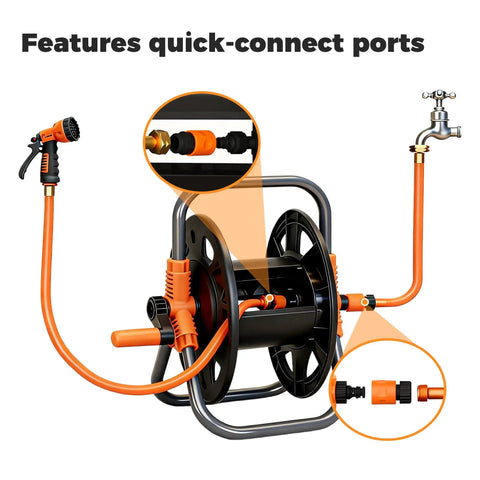 Portable Garden Hose Reel Cart For 50 To 80 Foot 5/8 Inch Hoses with quick-connect ports shown