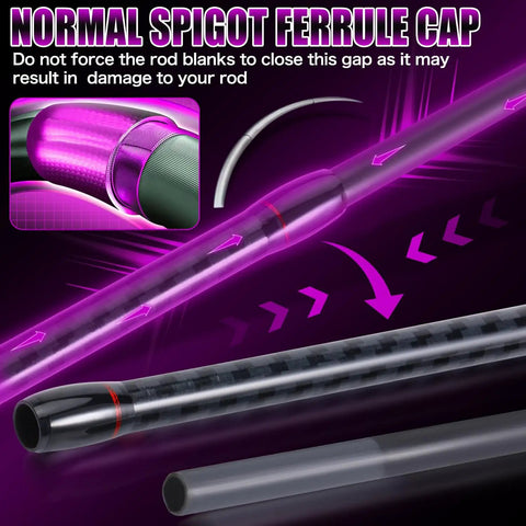 Close-up of two piece carbon and glass fiber composite fishing rod for bass trout and crappie, six foot, purple design.