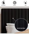 Close-up of Queen Upholstered Platform Bed Frame With Adjustable Headboard showing luxe black velvet material and tufted design.