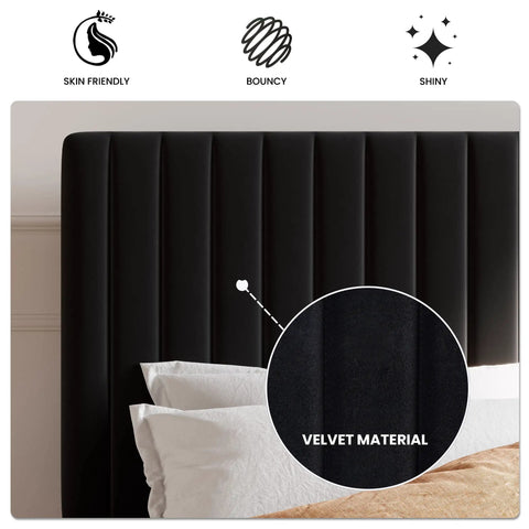 Close-up of Queen Upholstered Platform Bed Frame With Adjustable Headboard showing luxe black velvet material and tufted design.