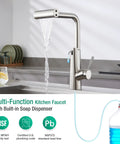 CREA Waterfall Kitchen Faucets with Soap Dispenser, brushed nickel faucet with pull-down sprayer and soap dispenser in use.