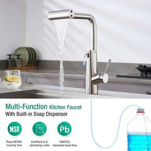 CREA Waterfall Kitchen Faucets with Soap Dispenser, brushed nickel faucet with pull-down sprayer and soap dispenser in use.