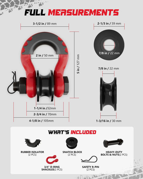 Upgraded Snatch Block With Three Quarter Inch D Ring Shackle Two Pack 22,000 Pound Break Strength Towing Pulley Heavy Duty Offroad Recovery Accessory For Truck Tractor ATV UTV Red, measurements and included parts