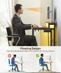 Man using Small Computer Desk With Charging Station And LED Lights, Gaming Desk With Monitor Stand, ergonomic design infographic