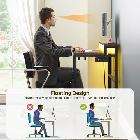 Man using Small Computer Desk With Charging Station And LED Lights, Gaming Desk With Monitor Stand, ergonomic design infographic
