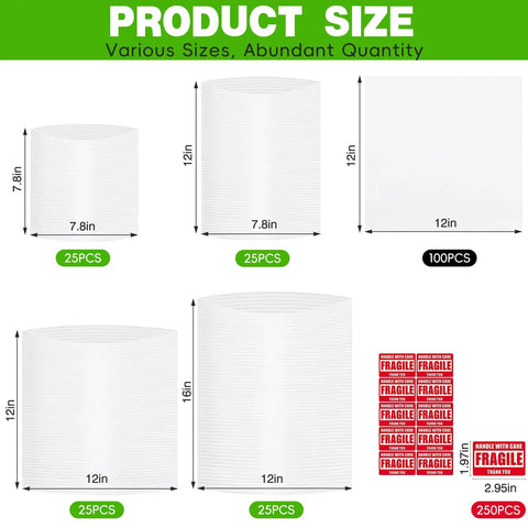 Moving Day Dish Packing Set With 200 Foam Pouches And Sheets In 4 Sizes, 250 Fragile Stickers, various sizes displayed