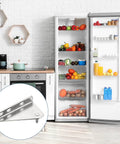 Refrigerator with door open showing contents; inset highlights Stainless Steel Freezer Door Hinge Set Two Pack Outer Column Left Shaft 1.38 Inch Distance Replacement For Refrigerator Includes 6 Screws And 4 Bushings Heavy Duty Easy Install No Fuss.