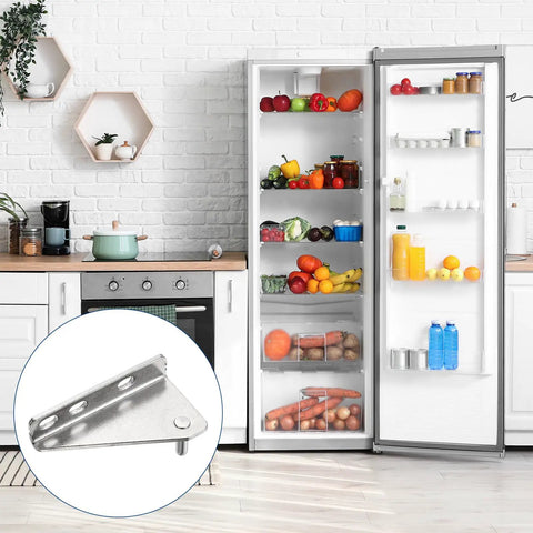 Refrigerator with door open showing contents; inset highlights Stainless Steel Freezer Door Hinge Set Two Pack Outer Column Left Shaft 1.38 Inch Distance Replacement For Refrigerator Includes 6 Screws And 4 Bushings Heavy Duty Easy Install No Fuss.