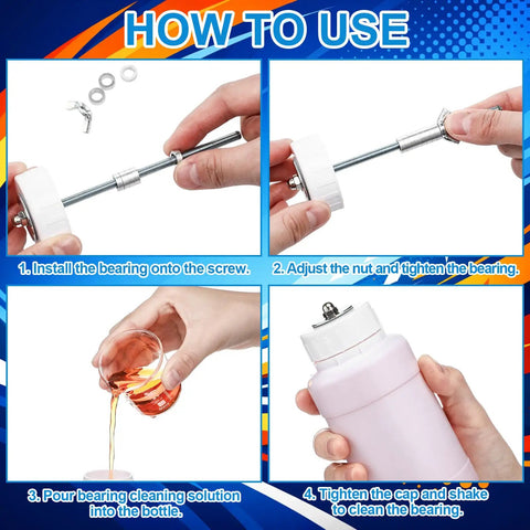 Steps to use All In One Skate Bearing Cleaning Kit With Press And Puller Cleaning Bottle And Wrench For Skateboards Roller Skates