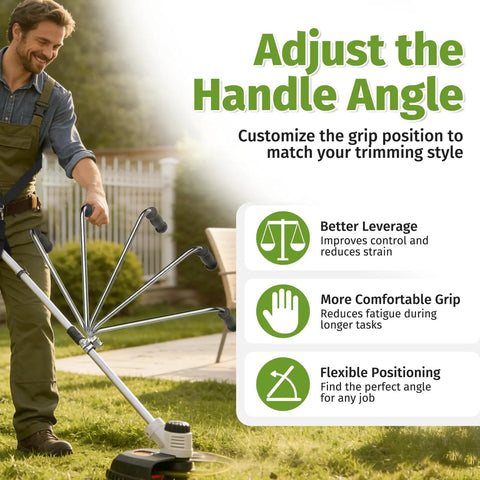 Man adjusts Weed Eater Handle With Shoulder Strap For Back Saving Comfort, Ergonomic Weedeater Handle Extension
