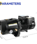 Workhorse Shallow Well Jet Pump With Cast Iron Body, 0.5 HP Motor, dimensions labeled, black color, side view.