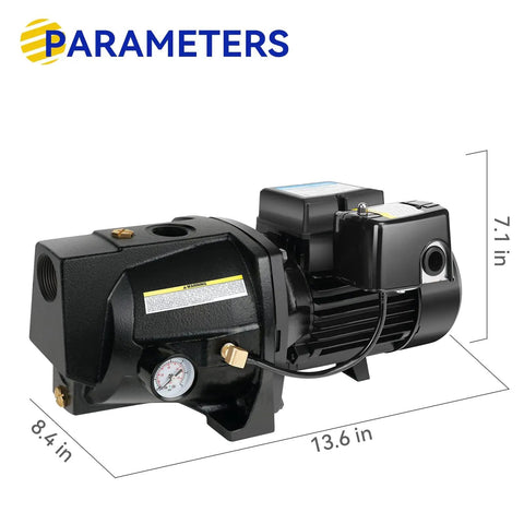 Workhorse Shallow Well Jet Pump With Cast Iron Body, 0.5 HP Motor, dimensions labeled, black color, side view.