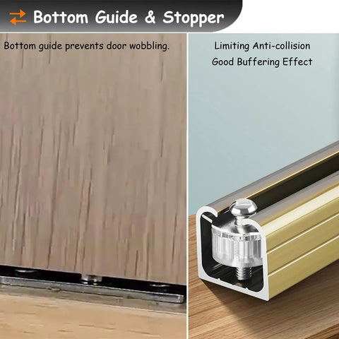 Heavy Duty Sliding Barn Door Track Kit With Silent Nylon Rollers close-up of bottom guide and stopper for stability.