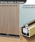 Heavy Duty Barn Door Hardware Sliding Track Kit For Closet Bypassing Doors With Silent Rollers And Bottom Guide, detail of bottom guide and stopper.