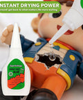 Hella Fast Drying Super Glue For Plastic Repair And Model Fixing With Killer Instant Bond For Abs Pvc Pla 3D Miniatures Precision Tip No Mess Formula Two Pack Bundle, applied to a broken toy figurine.