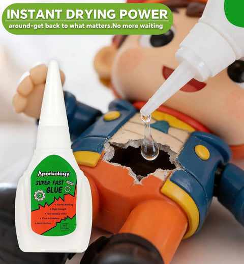 Hella Fast Drying Super Glue For Plastic Repair And Model Fixing With Killer Instant Bond For Abs Pvc Pla 3D Miniatures Precision Tip No Mess Formula Two Pack Bundle, applied to a broken toy figurine.