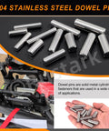 60 Pieces Stainless Steel Dowel Pin Kit With 12 Sizes M6 M8 M10 304 Grade Pins shown with cylindrical fasteners in use