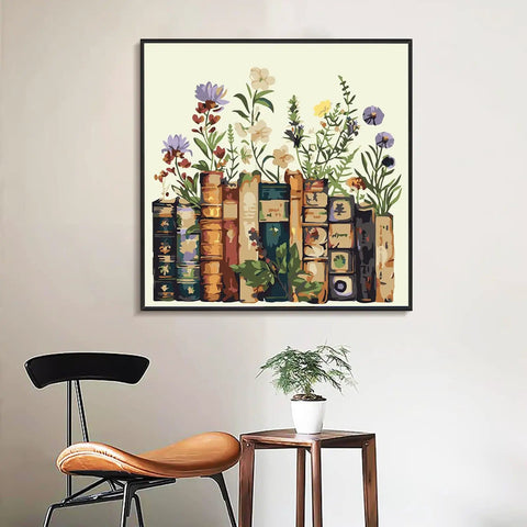 Framed Paint By Numbers Kit For Adults And Kids 8 To 12, Flower Design, 10x10 Inch, hung on wall above chair and table