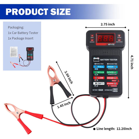 Must Have 12V Battery Tester With LCD Display And LED Lights Quick Load Test For Auto Batteries Universal Car Battery And Alternator Checker Handy 12V Vehicle Diagnostic Tool, 4.71 inch