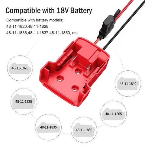 Battery Adapter Kit For Milwaukee 18V Batteries With Fuse Holder And Wire Harness Connector Conversion Upgrade For Peg Perego Ride On Toys DIY Friendly, shown with model compatibility list.