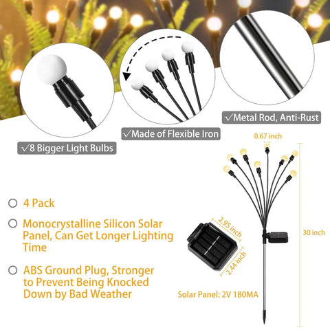 Diagram of Four Pack Solar Garden Path Lights With 8 LED Firefly Glow Waterproof Outdoor Yard Decor for Lawn and Patio