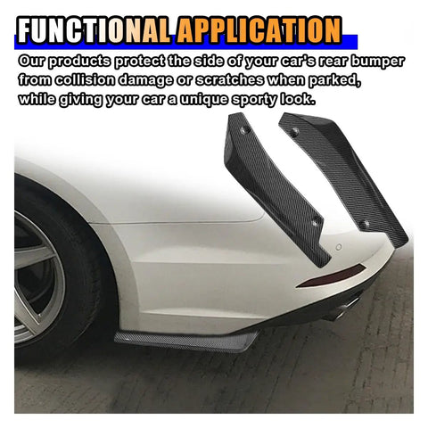 2 Pack Universal Car Rear Bumper Lip Splitter Canard Diffuser with side fins on white car, carbon fiber look, ABS sporty style