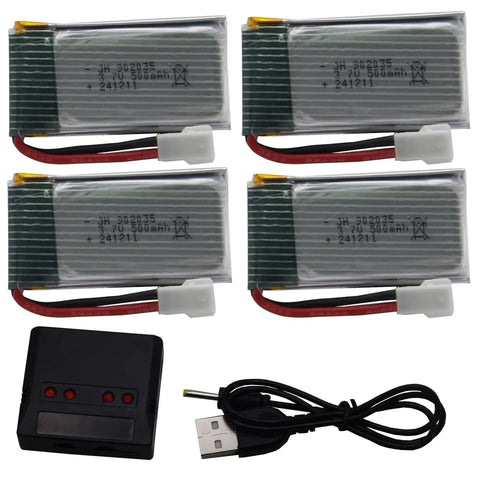 4 Pack 3.7V 500mAh LiPo Batteries with MX2.0 Plug and 4 Port USB Charger for RC Drones
