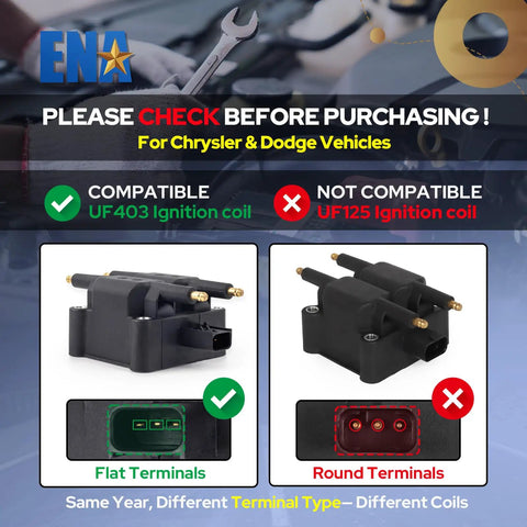 Visual guide to compatible ignition coils for Chrysler and Dodge vehicles, highlighting UF403 versus UF125 ignition coil terminal types.