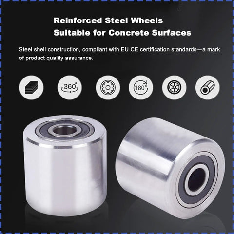 Reinforced Steel Wheels suitable for concrete surfaces, part of Heavy Duty Straight Line Machinery Movers With Steel Or Pu Wheels Industrial Load Dolly For A Tough As Nails Rig And Easy Shop Grind Right Up To Thirty Two Ton Capacity.