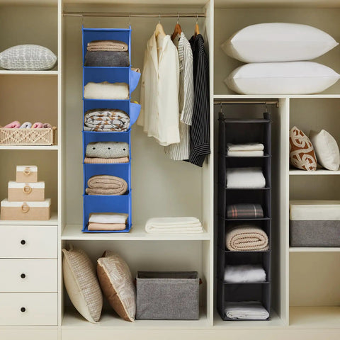 Hanging Closet Organizer With Six Shelves In Blue, Space Saving Hanging Storage Unit For Clothes And Accessories, Durable Nonwoven Fabric With Bamboo Inserts And Top And Bottom MDF Board For Sturdy Long Lasting Organization Ideal For Dorms in a closet