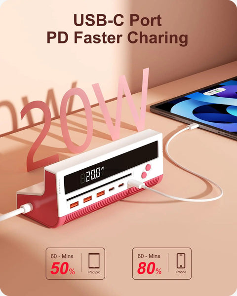 Heavy Duty 10 Port Power Strip With Smart Digital Display And A Rock Solid 5 Ft Extension, showcasing USB-C port and charging stats.