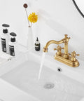 Antique Brass Two-Handle Four Inch Centerset Bathroom Faucet With 360 Degree Swivel High Arc Spout Includes Drain Assembly And Supply Hoses Vanity Sink Mixer Tap For Easy Install And Stylish Upgrade on white sink