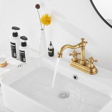 Antique Brass Two-Handle Four Inch Centerset Bathroom Faucet With 360 Degree Swivel High Arc Spout Includes Drain Assembly And Supply Hoses Vanity Sink Mixer Tap For Easy Install And Stylish Upgrade on white sink