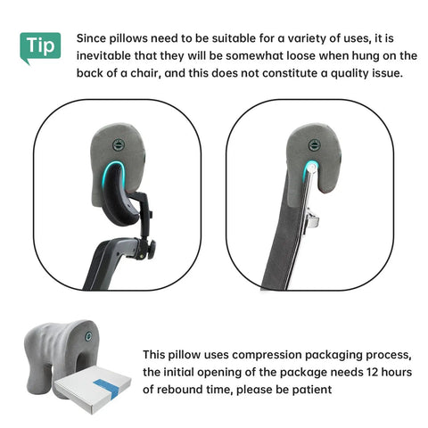 Office Chair Headrest Pillow Attachment And Desk Nap Cushion with Comfy Memory Foam Neck Support, U Shape Hanger Design shown over chair.