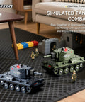Two Player 1 To 64 RC Battle Tank Set on carpet with toy soldiers and blocks, featuring dual tanks with infrared shoot and 360-degree turret.